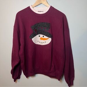 Vintage Snowman Crewneck Womens L Maroon Jerzees Sweatshirt Christmas Appliqué